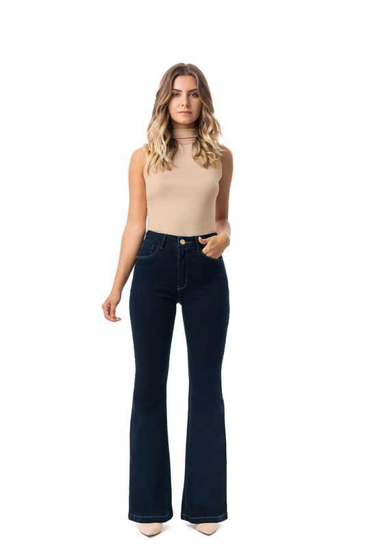 calca jeans cintura alta flare