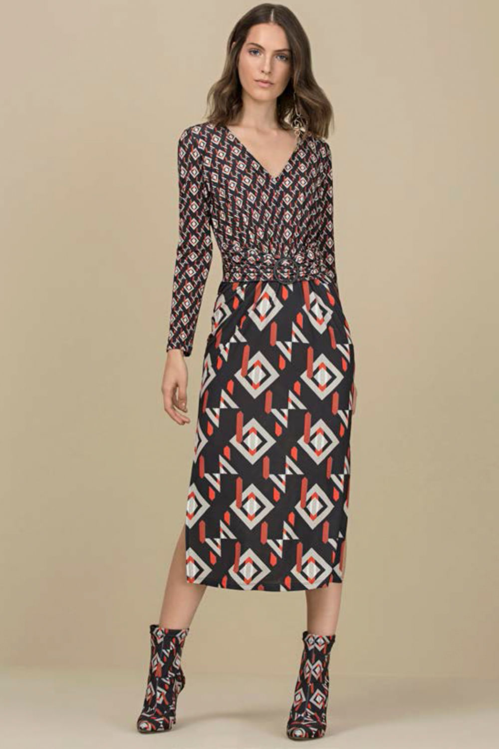 Vestido Maria Valentina Manga Longa Estampado Preto Carmim Modas