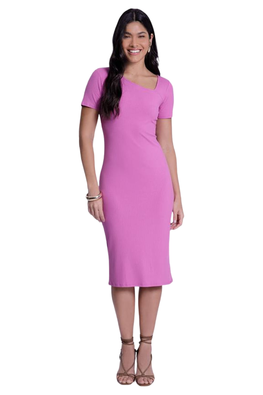 Vestido Midi Lunender Canelado Rosa Garm Store